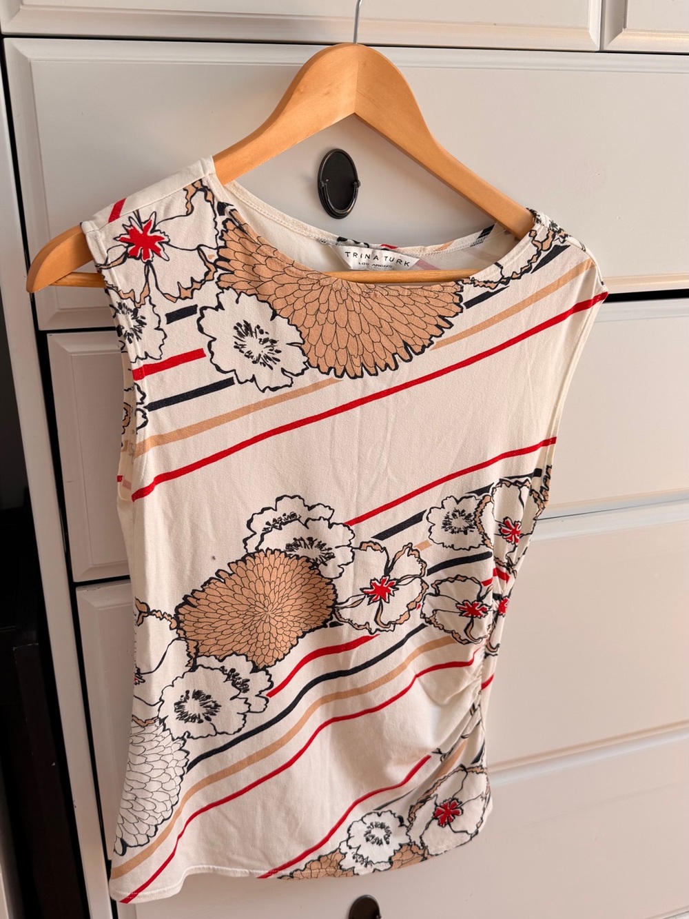 Trina Turk Cream Floral Stripe Tank Top with Red & Black Accents